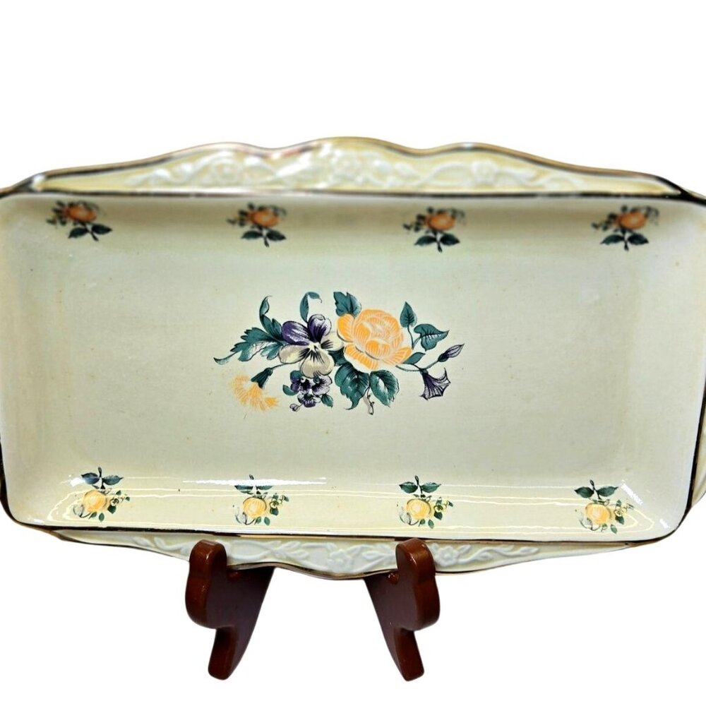 VTG Handpainted Portugal floral tray Roses Ceramic collectible 11"